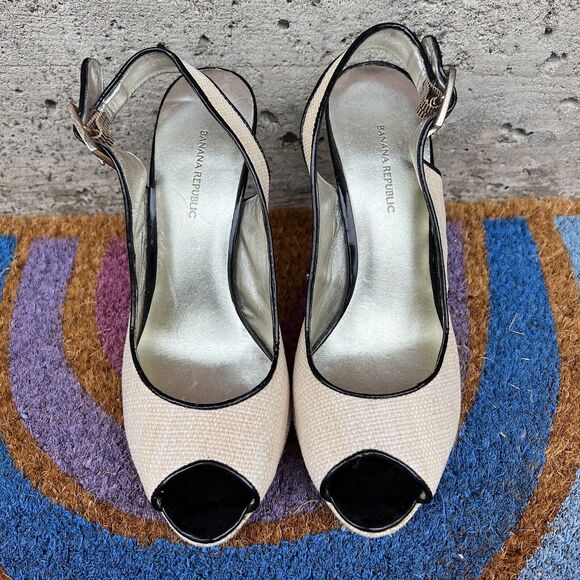 Banana Republic Heels Size 6.5 Natural Woven Jute Slingback Almond Peep Toe - Picture 2 of 6